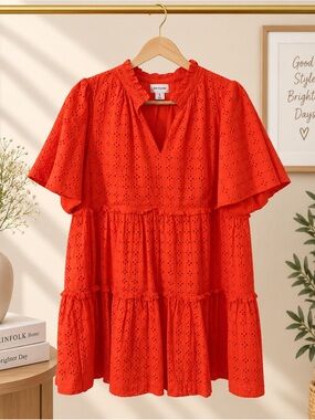 HEYSON Orange Eyelet Tiered Mini Dress